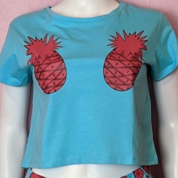 Brave Soul ASOS Blue and Pink Pineapple Print Crop Top and Shorts Pajama Set XS - Picture 2 of 7